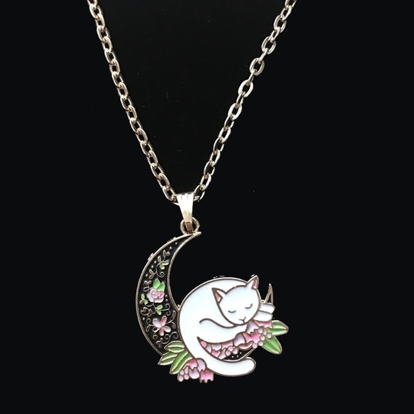 HAND-CRAFTED Jewelry Necklace Lg Pendant Kitty on black floral moon Gold plate - Picture 5 of 8